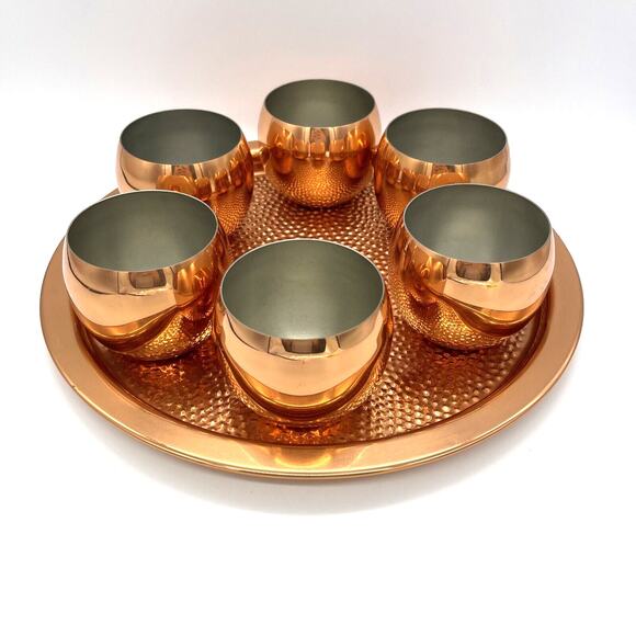 MCM Coppercraft Guild Copper Hammered Tray & 6 Roly Poly Cups Mid Century Modern - Picture 1 of 5